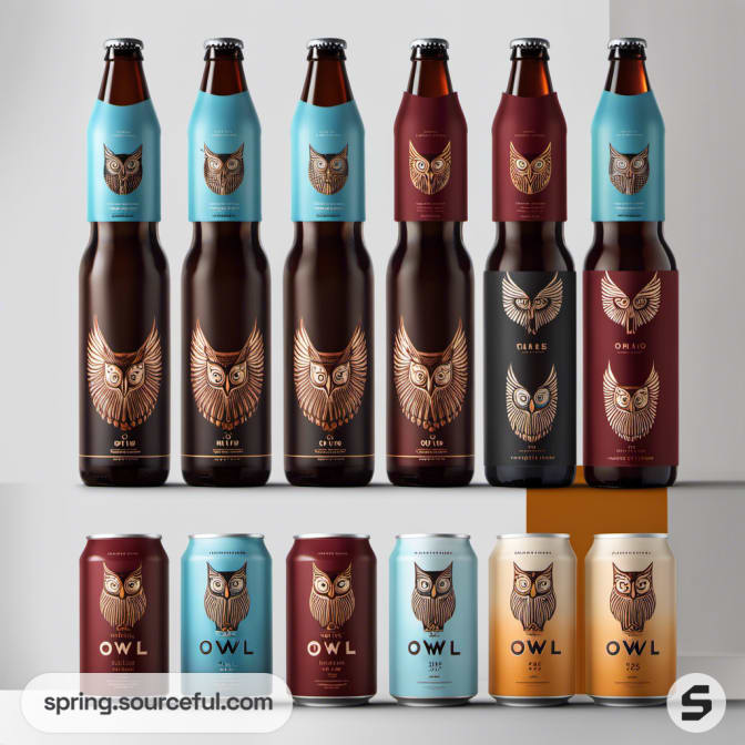 Owl-themed beer bottles and cans with maroon and turquoise labels.