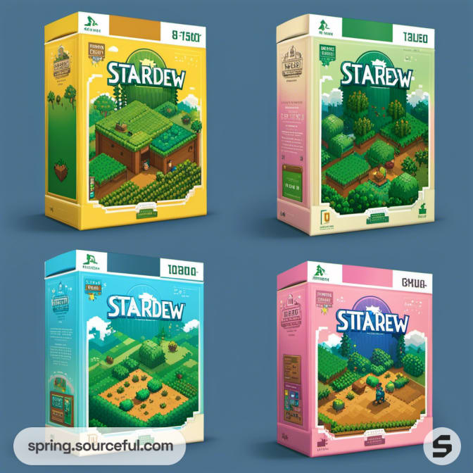 Pixel art game-themed boxes with vibrant colors and detailed designs.