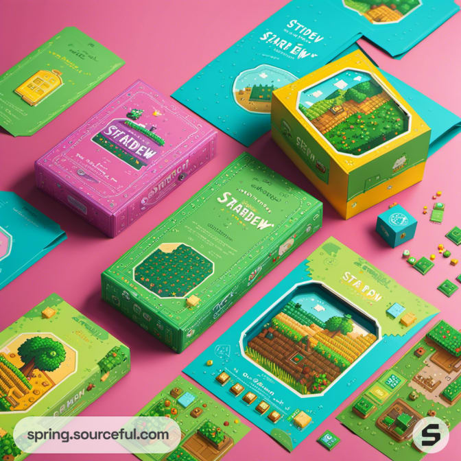 Assorted game-themed packaging in bright colors and pixel art.