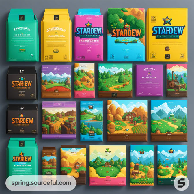 Various illustrative game-themed packages with colorful designs.