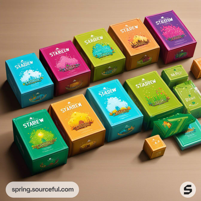 Assorted colorful boxes with game and farm icons in pixel art.
