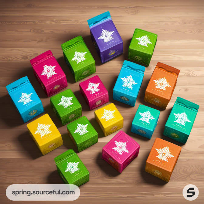 Colorful bags with star patterns and simplistic designs.