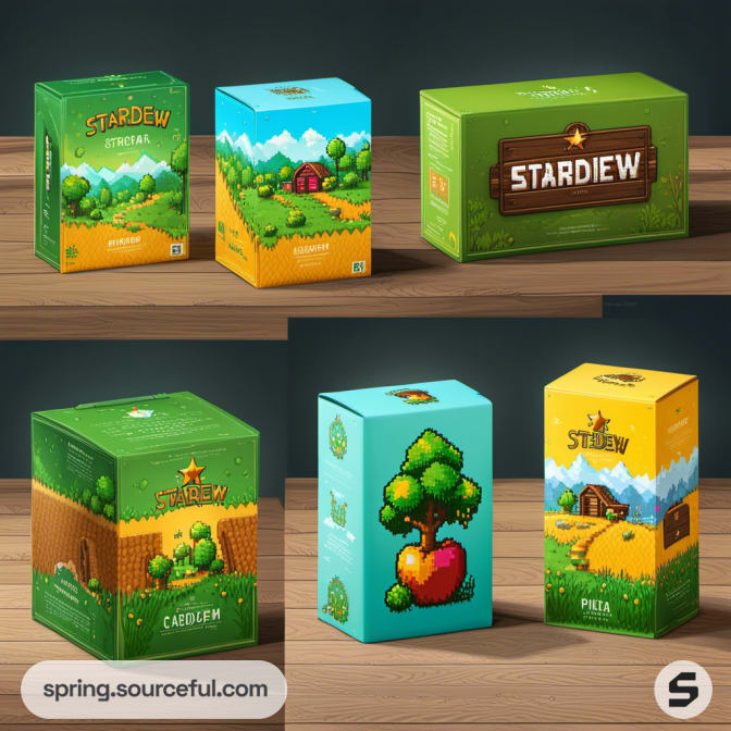 Assorted farm-themed boxes with pixel art and greenery illustrations.