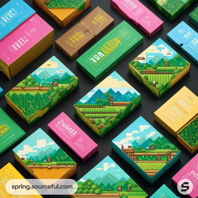 Colorful game-themed packaging with landscape pixel art design.