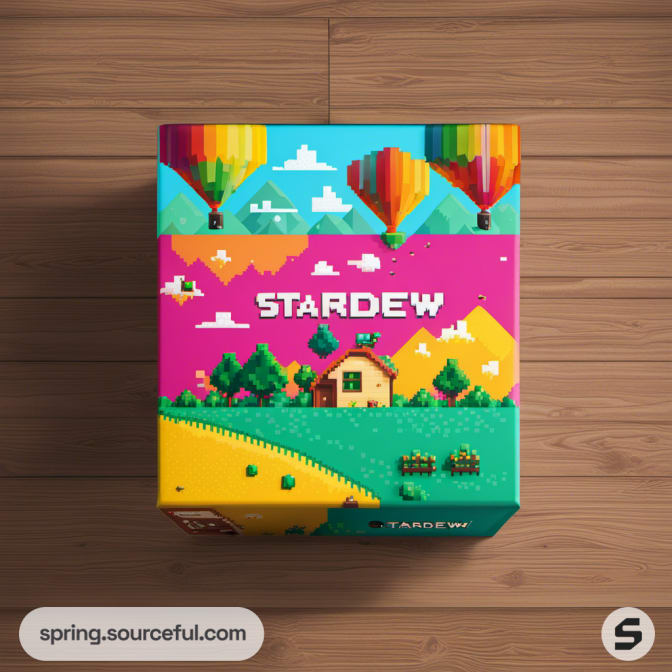 Brightly colored box with pixel art farm and hot air balloons.