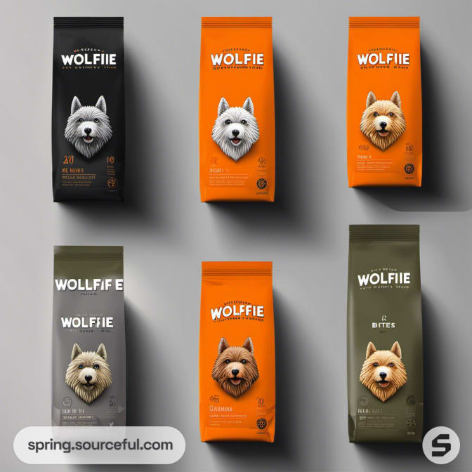 Variety of orange and black pet food bags with dog illustrations.