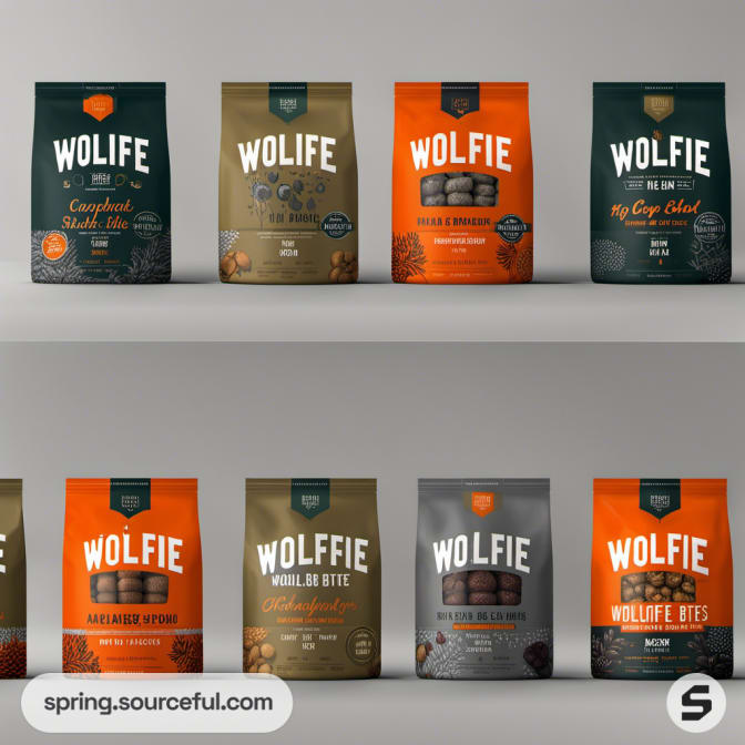 Assorted pet food bags with Wolfie branding in green and orange.