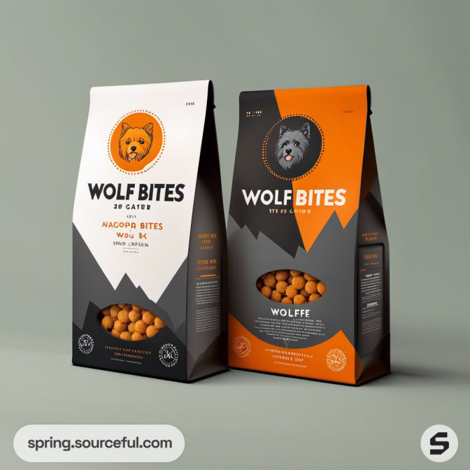 Two Wolf Bites bags in black, white, and orange with kibble inside.