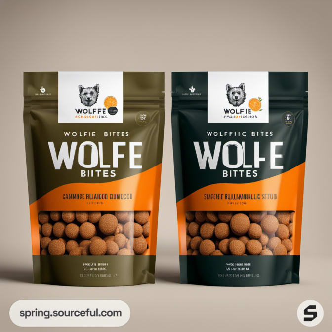 Wolfie Bites resealable pouches in green and orange with round treats.