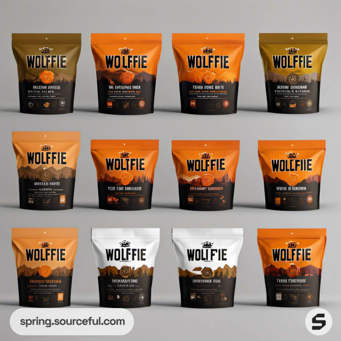 Twelve Wolfie snack pouches in various colors and graphic designs.