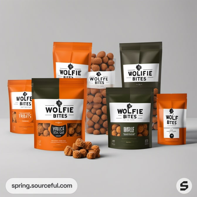 Collection of Wolfie Bites packs in orange and green with treats.