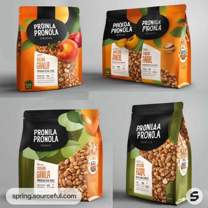 Granola bags with fruit designs and resealable tops.