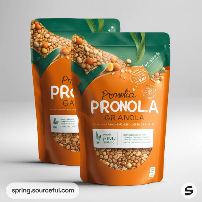 Orange and green granola bags with text and grains.