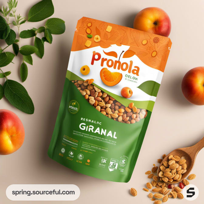 Apricot-themed granola pouch with fruits and grains.