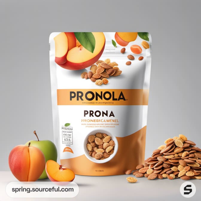 White and orange granola bag with peach graphics.