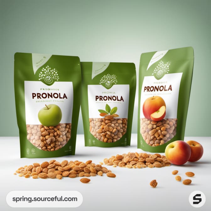 Green granola bags with apples and peaches.