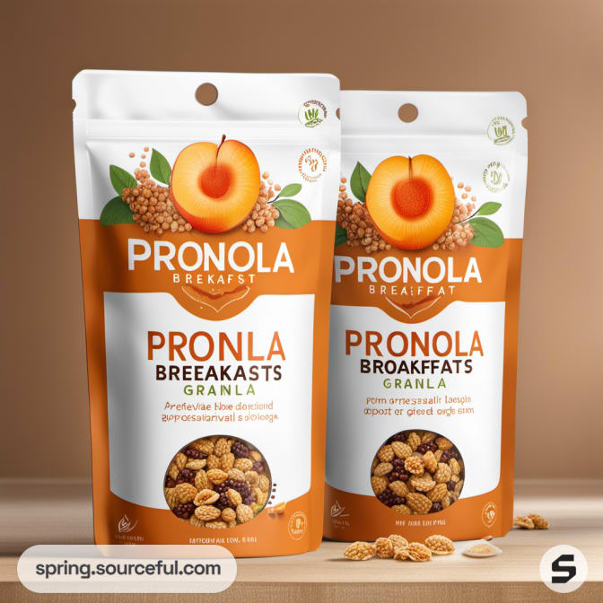 Orange and white breakfast granola bags with peaches.