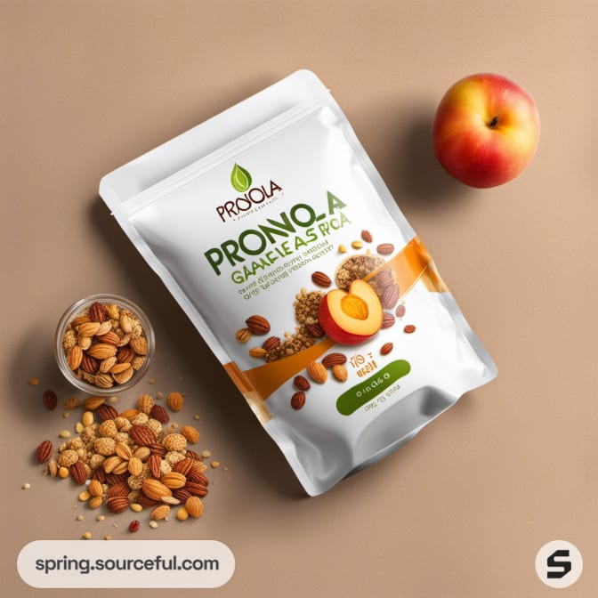 Granola pouch with scattered nuts and fruit design.