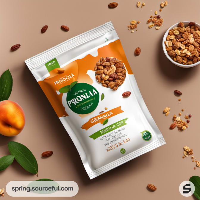 Granola bag with almonds, leaves, and apricot graphic.