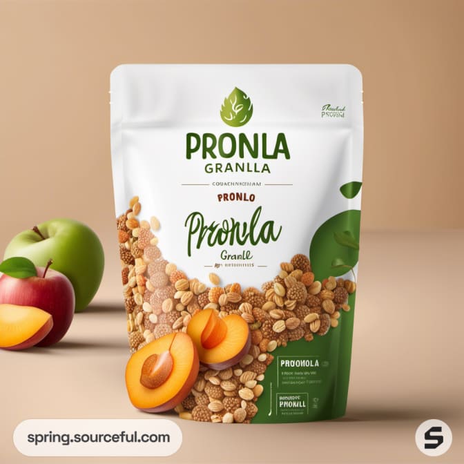 Granola bag with apricot and apple design on light background.