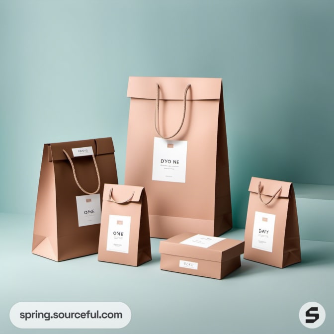Assorted brown and teal paper bags with handles on mint background.