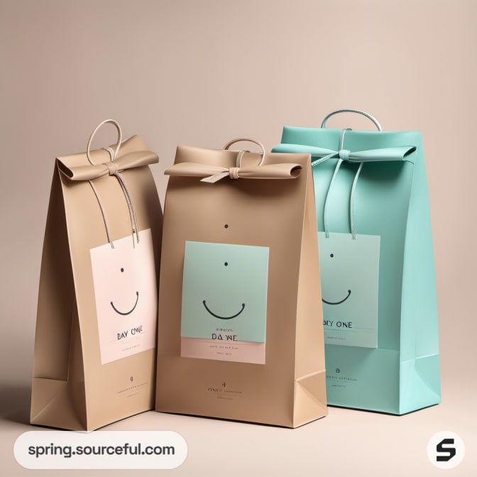 Three smiley paper bags in beige and teal with metal handles.