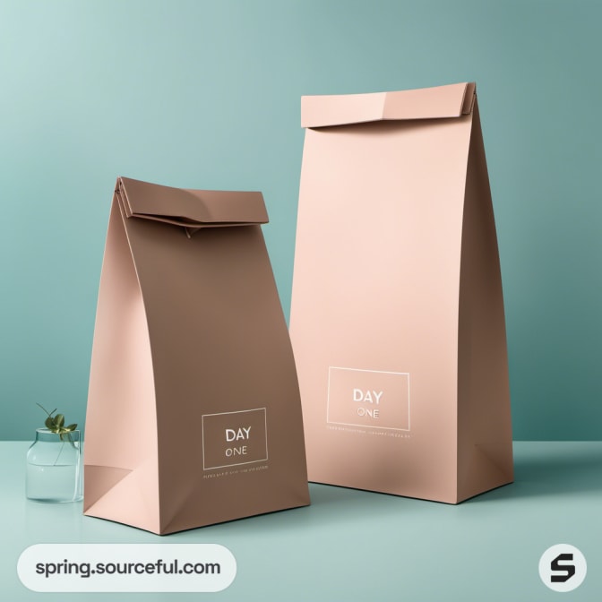 Two brown paper bags with white labels on a teal background.