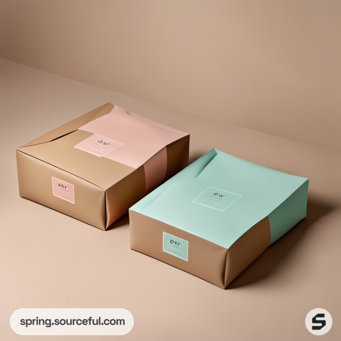 Two boxed packages in pastel pink and teal with white labels.