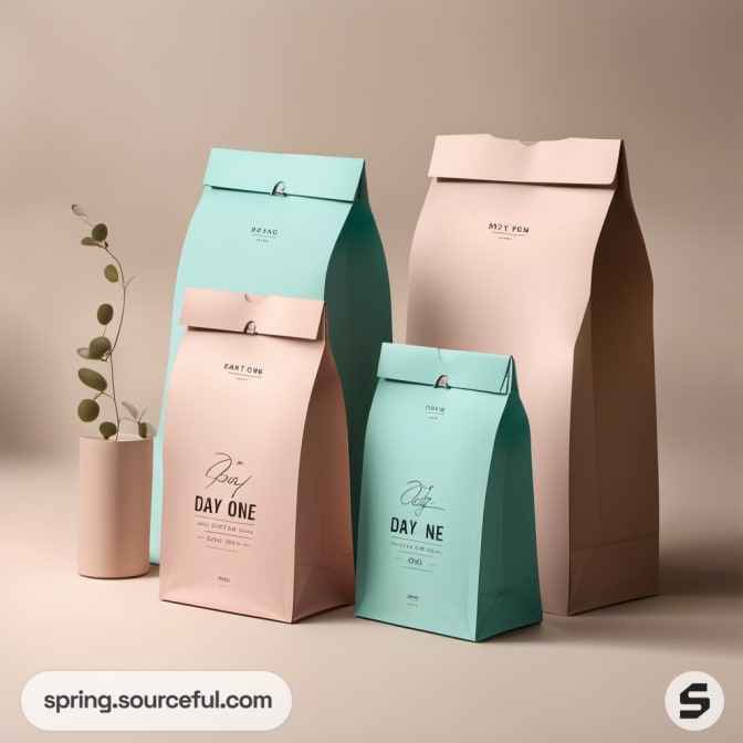 Four resealable bags in pink and teal colors with text labels.