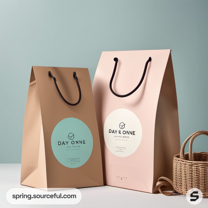 Two tote-style paper bags with black handles on a mint background.