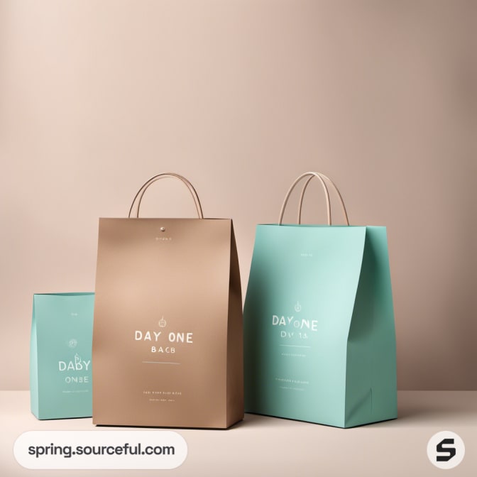 Trio of large teal and brown paper bags with simple styling.