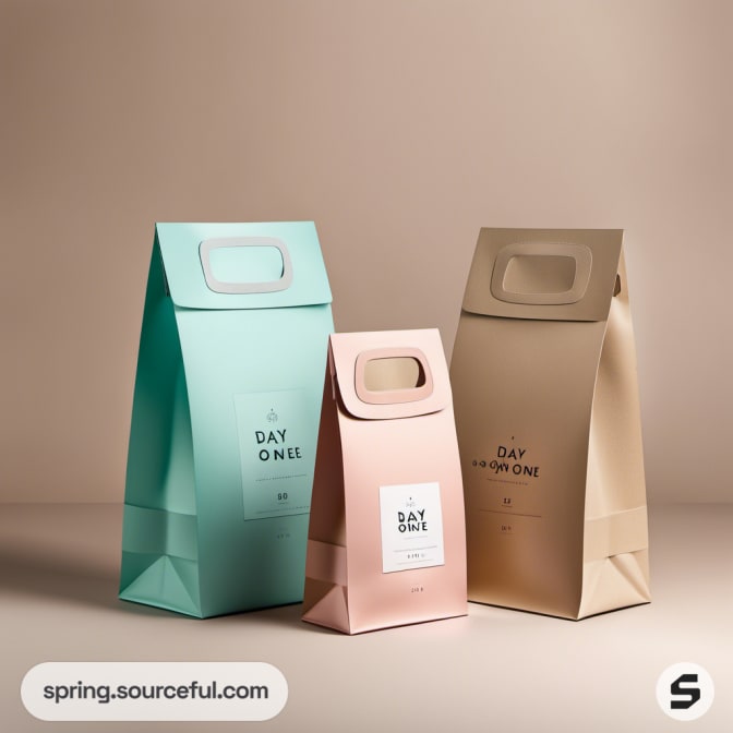 Three teal and brown paper bags with handle cutouts.