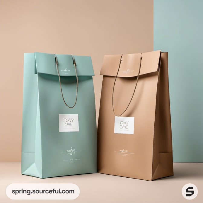 Tall teal and brown paper bags with thin rope handles.