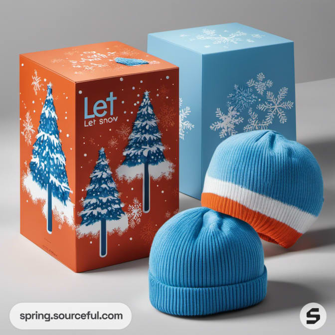 Winter-themed boxes with hats, featuring snowflake and tree designs.