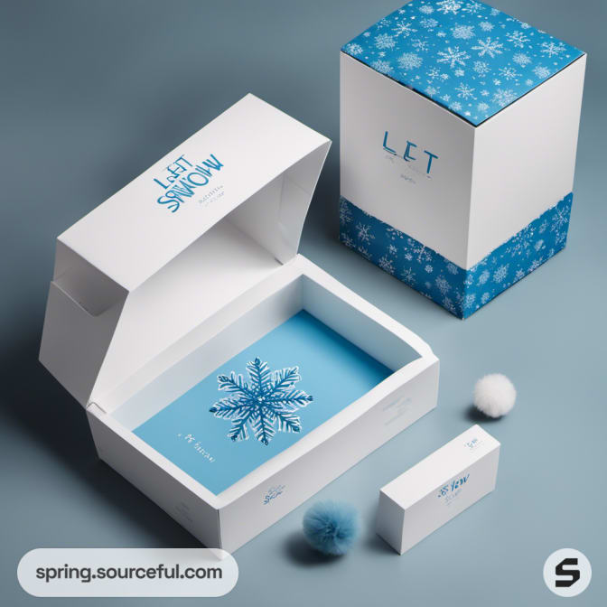 Open winter-themed box with snowflake design on the lid.