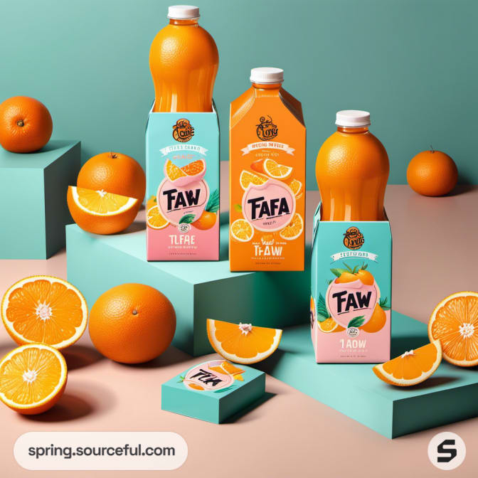 Tropical juice packaging with oranges and teal, pink, orange colors.