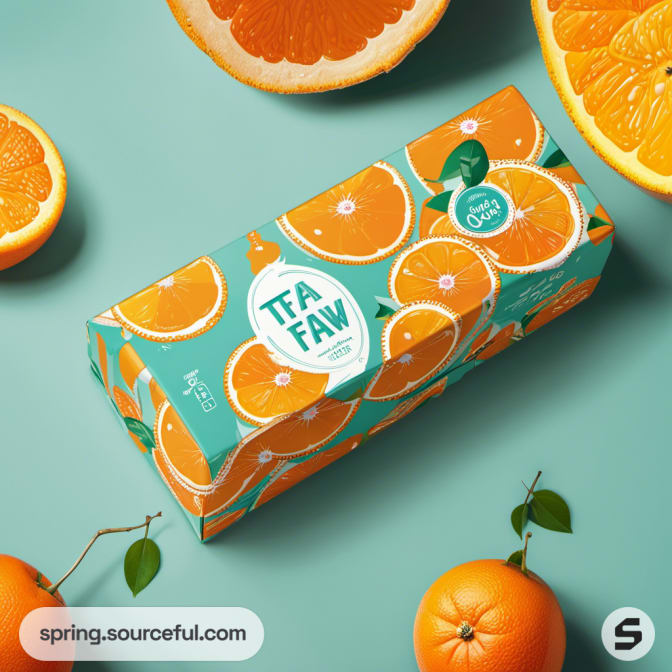 Juice box with vibrant orange illustrations and teal background.
