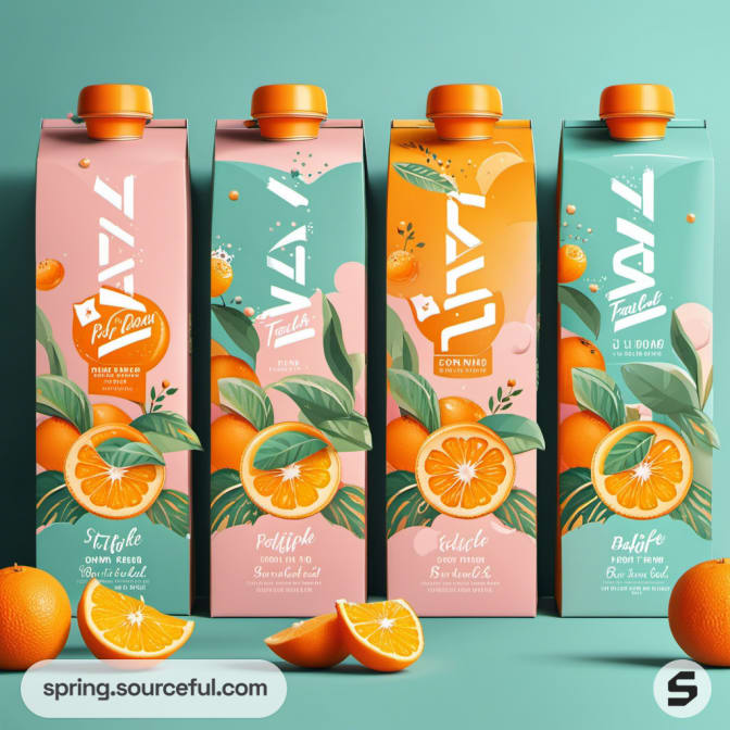 Four tall juice boxes with colorful citrus designs and teal backdrop.
