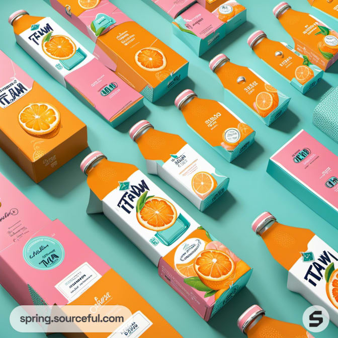Assorted juice bottles and boxes on a teal background, varying sizes.