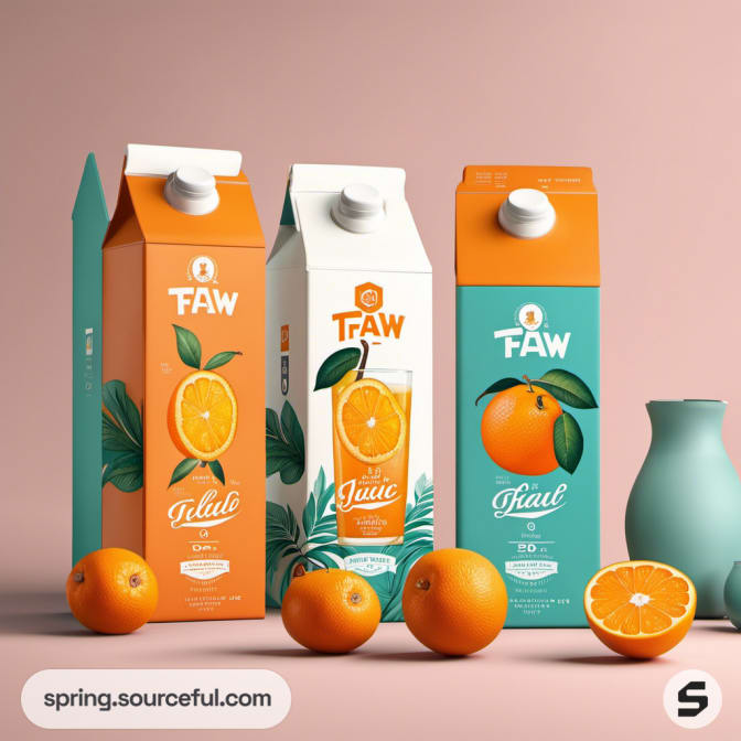 Three juice cartons with orange artwork and pastel backdrop.