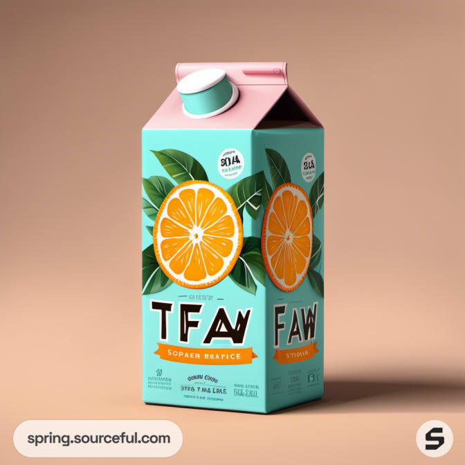 Single juice carton with a large orange design and teal color.