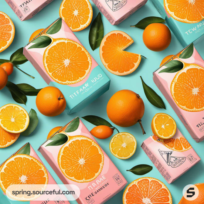 Assorted fruit juice cartons with oranges on a teal background.
