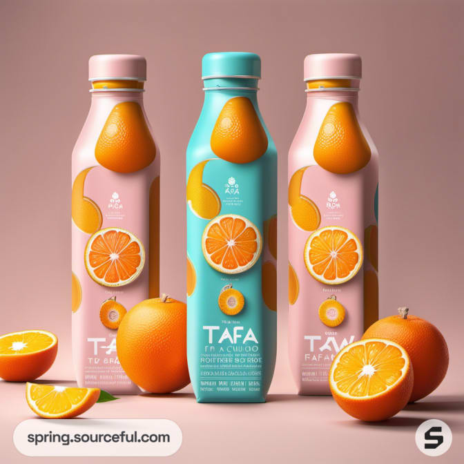 Three stylish citrus juice bottles with floating oranges around them.