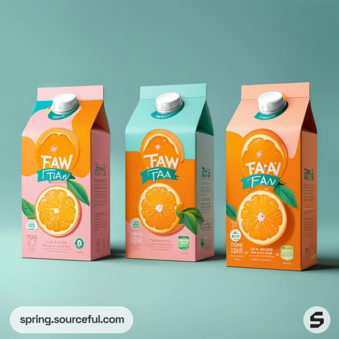 Three pastel-colored juice cartons with orange designs.