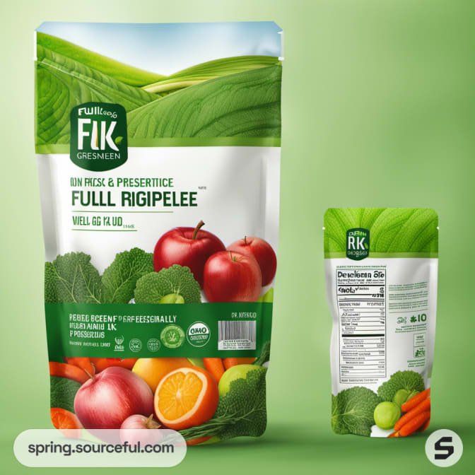 Green resealable pouch with apples and greens illustration.