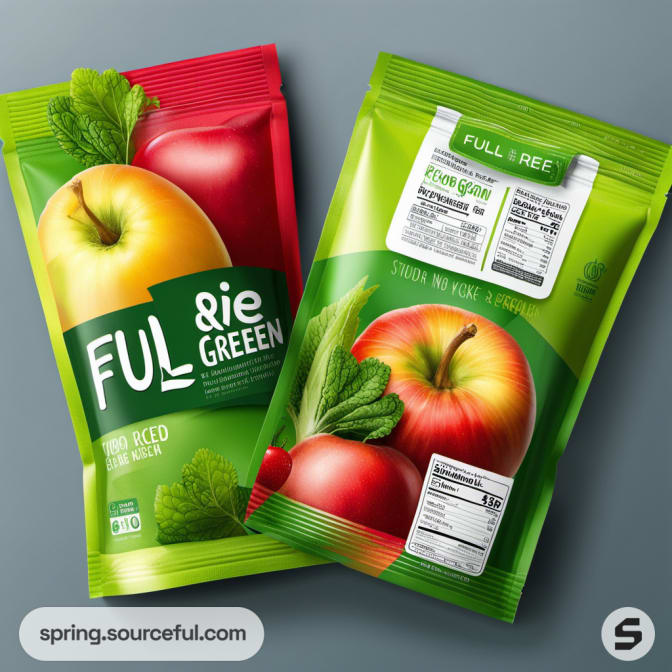 Two colorful pouches with fruit and vegetable imagery.