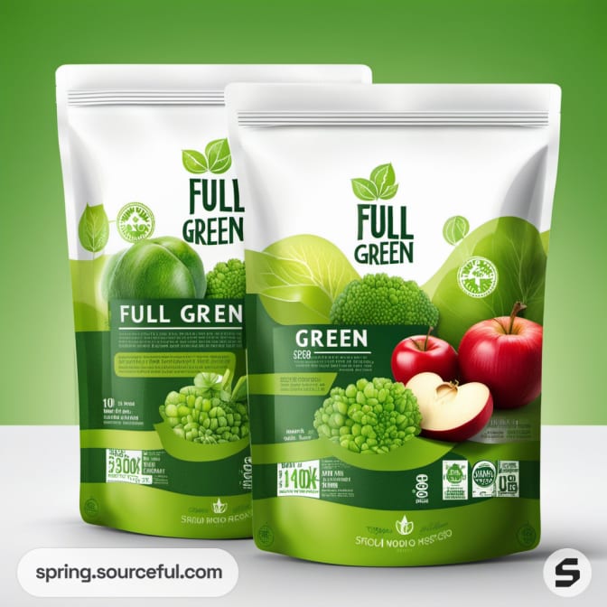 White packages with mixed fruit and vegetable imagery.