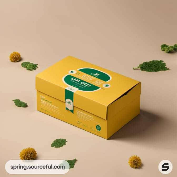 Yellow and green mailer box with nature theme on a beige background.