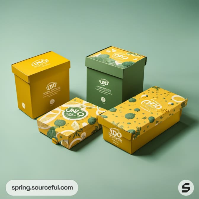 Four colorful mailer boxes in yellow and green with abstract designs.