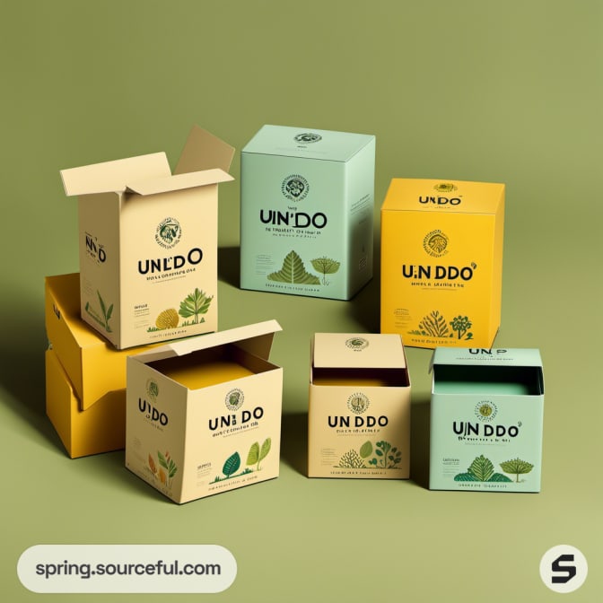 Yellow and mint green boxes with leaf designs on green backdrop.